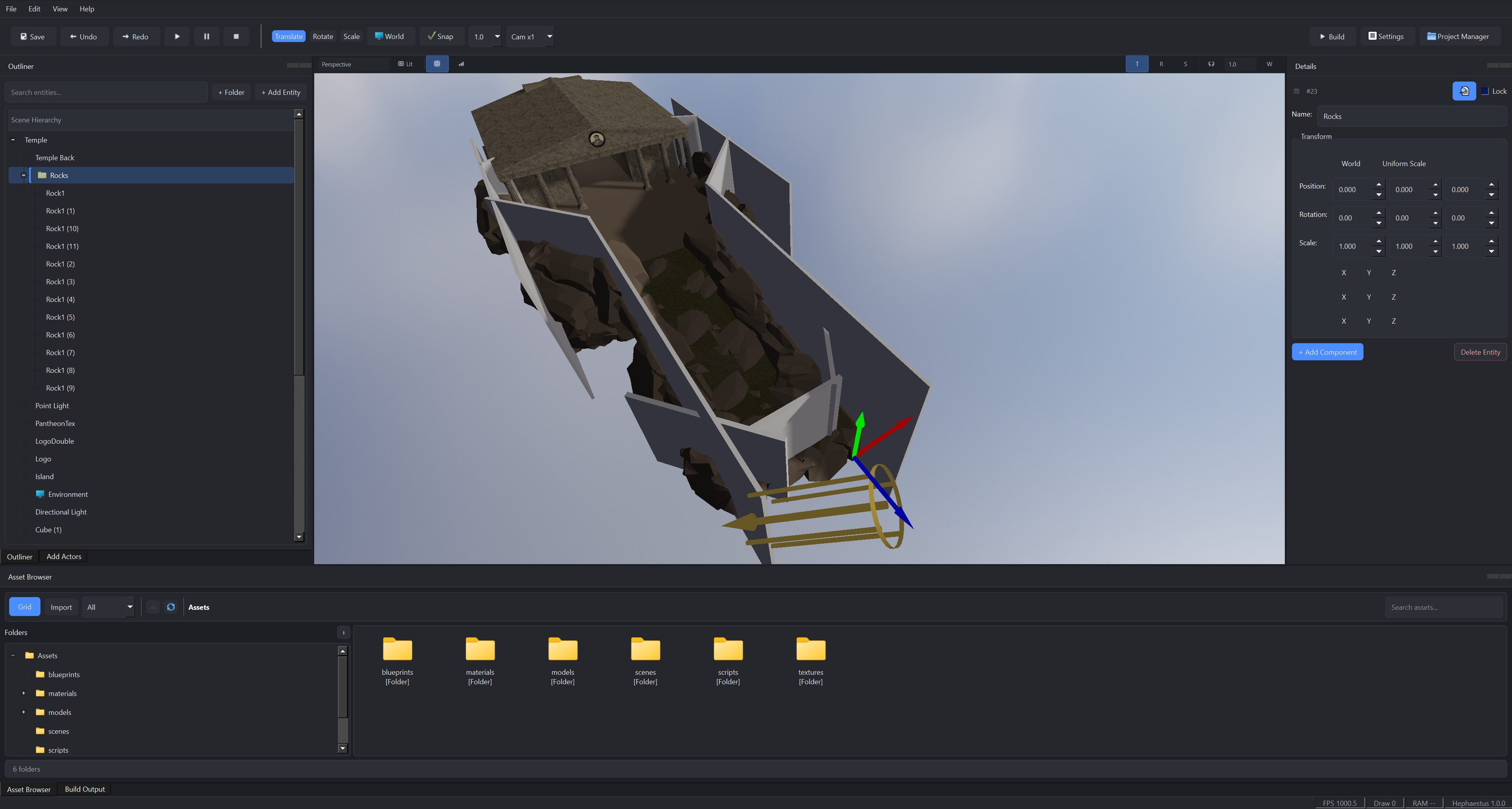 Hephaestus editor viewport and UI panels